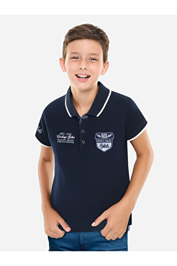 Victor and Jane By Styli Boys Navy Blue Embroidered Detail Short Sleeve Polo T-Shirt