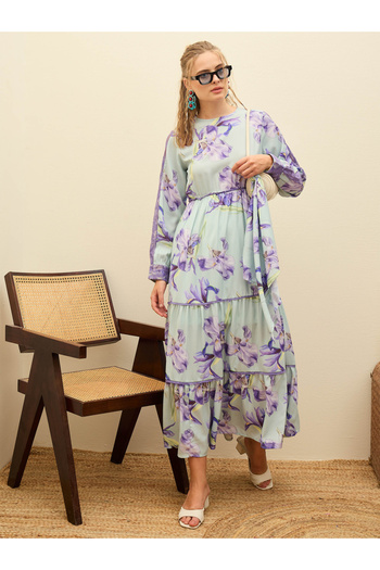 Sassafras By Styli Green Floral Lace Insert Tiered Maxi Dress