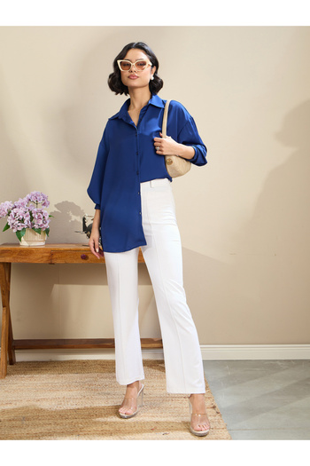 Sassafras By Styli Royal Blue Satin Oversized Curved Hem Shirt