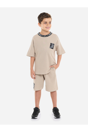 Victor and Jane By Styli Beige Cotton Short Sleeve T-Shirt and Shorts Set
