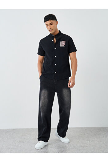 Styli Graphic Print Mandarin Collar Short Sleeve Shirt
