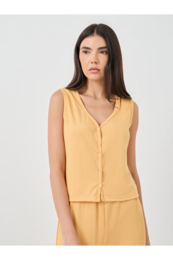 Styli Solid Sleeveless Rib Buttoned Top and Pyjama Set