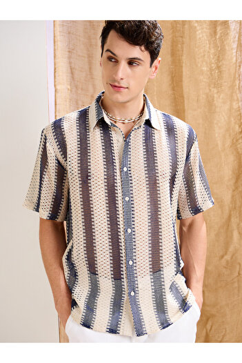 Mascln Sassafras By Styli Men Striped Crochet Relaxed Fit Shirt