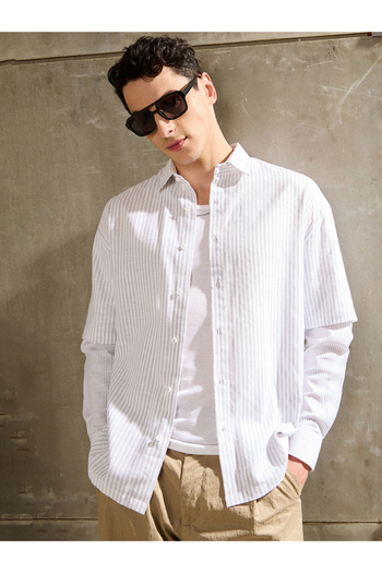 Mascln Sassafras By Styli Men Striped Overlap Long Sleeve Relaxed Fit Shirt
