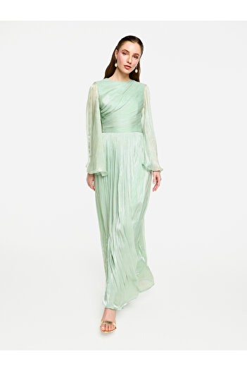 House of Moda By Styli Sheer Cape Sleeves Shimmer Pleated Maxi Dress