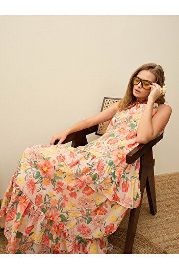 Sassafras By Styli Beige All-Over Floral Print Strappy A-Line Maxi Dress