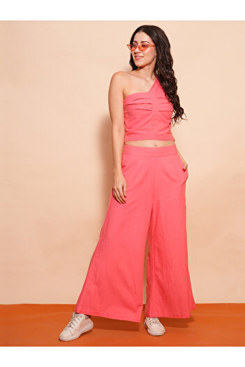Globus By Styli One Shoulder Pleated Crop Top and Flared Palazzo Co-Ords