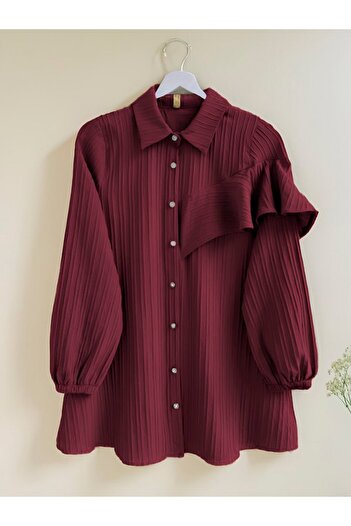 Modamorfo Elastic Tunic with Ruffle Detail on the Sleeve - Burgundy