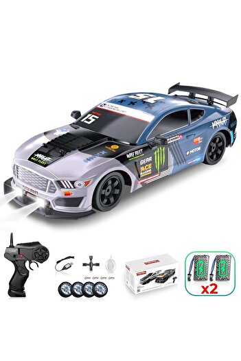 Timebox RC Drift Car, 20km/h, LED Lights, 2 Batteries, Interchangeable Tires, 1:16 Scale, Gray/Blue