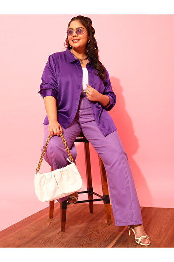 CURVY STREET By Styli Plus Purple Satin Casual Shirt