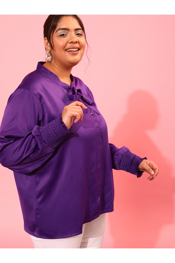 CURVY STREET By Styli Plus Size Solid Tie-Up Neck Shirt