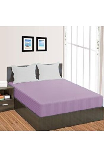 HomePuls Bed Sheet with Elastic Damask Polycotton Stripe 1 cm, 190 x 250 cm, for Mattress 140 x 200 cm, Lilac