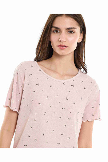 R&B Printed Sleep Top with Crew Neck and Short Sleeves