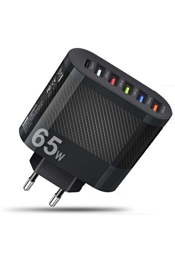 Timebox Network Charger, 6 Ports, 65W Fast Charge, 1 x Type-C, 5 x USB, Black