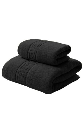 Ralex Set 2 Bathroom Towels: Body 70 x 140 cm and Face 50 x 90 cm, 100% Cotton Greek Border, Black