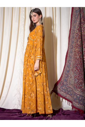 INDO STREET By Styli Yellow Floral Print Lace and Tie Up Ethnic Maxi Dress