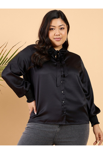 CURVY STREET By Styli Plus Size Tie Up Neck Satin Buttoned Shirt