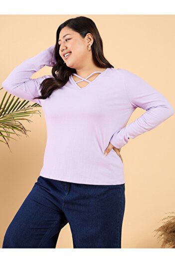 CURVY STREET By Styli Plus Size V-Neck Cotton Relaxed Fit T-Shirt