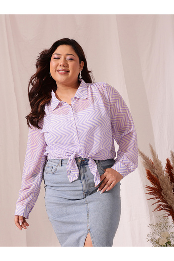 CURVY STREET By Styli Plus Purple Sheer Shirt with Chevron Print