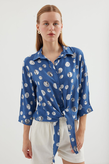 Merterium Women's Front Lace Patterned Shirt Indigo 1083