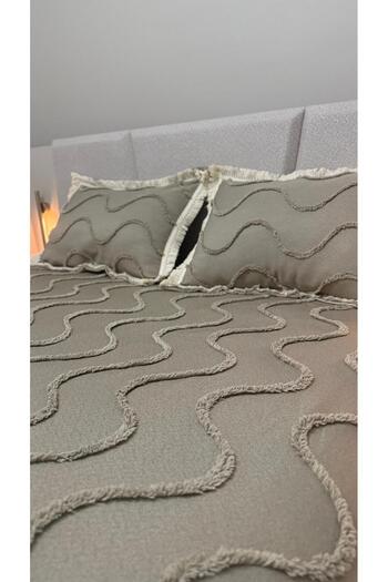 DİLETTO Tasseled Wave Patterned Double Bedspread Set – Beige Color 3 Pieces 240 X 250