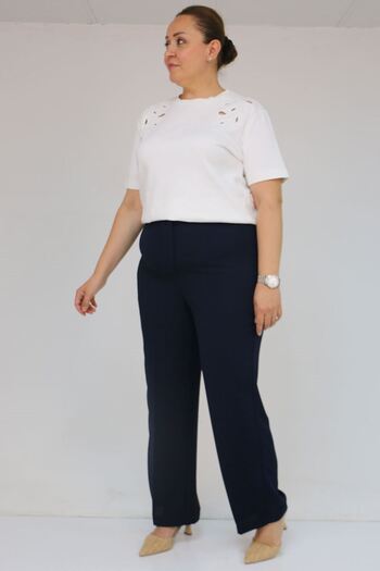 Eslina 59016 Plus Size Crepe Trousers with Button Waist - Navy Blue
