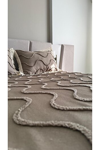 DİLETTO Tasseled Wave Patterned Double Bedspread Set – Beige Color 3 Pieces 240 X 250