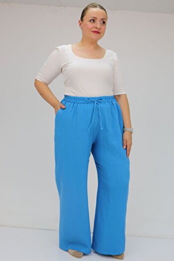 Eslina 59021 Large Size Muslin Wide Leg Trousers with Elastic Waist - Indigo