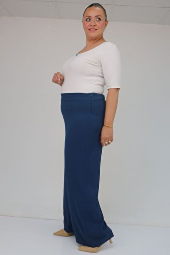Eslina 59011 Plus Size Molded Waistband Side Zipper Crepe Pants - Indigo