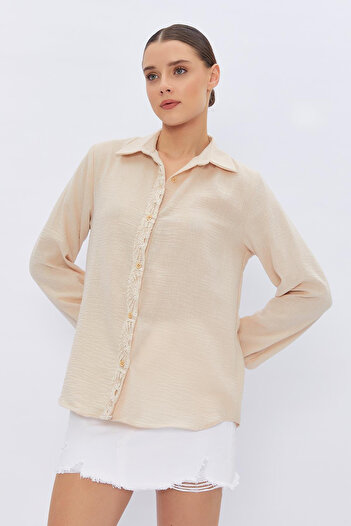 VAGGON Women's Stone Bottom and Lace Detailed Linen Shirt Vs00418