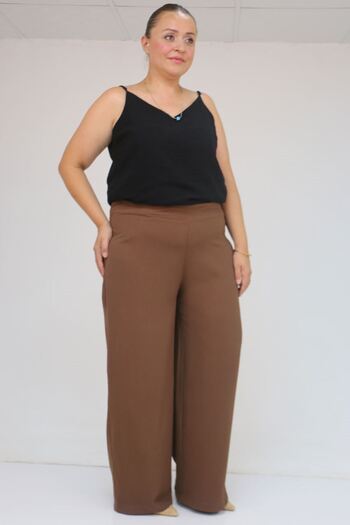 Eslina 59011 Plus Size Molded Belted Side Zipper Crepe Trousers - Brown