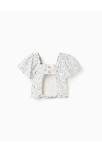 Ziddy Floral Top with Butterfly Sleeves and Open Back for Girls, White