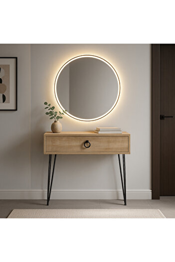 Egecan Mobilya Meşe Metal Ayaklı Modern Dresuar – 80x20x20 cm, Suntalam, Minimalist Antre ve Salon Konsol Dolabı