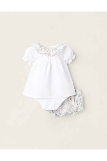 Ziddy Bodysuit-Blouse + Bloomers for Newborn Girls, White/Blue/Pink