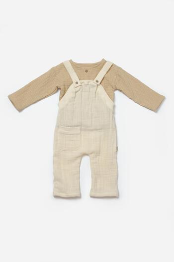 Magu Unisex Baby Cotton Beige Muslin Jumpsuit Set - Long Sleeve Underwear Bodysuit