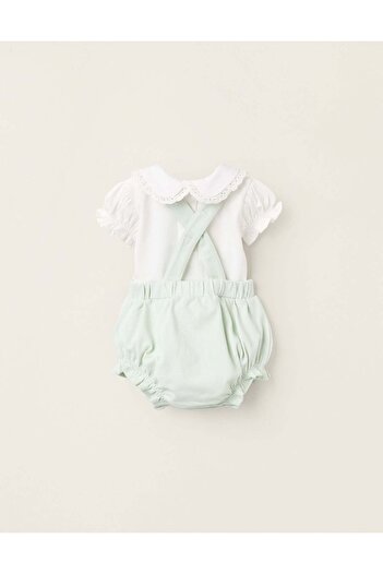 Ziddy Bodysuit + Piqué Jumpsuit with Ruffles for Newborn Girls, White/Green