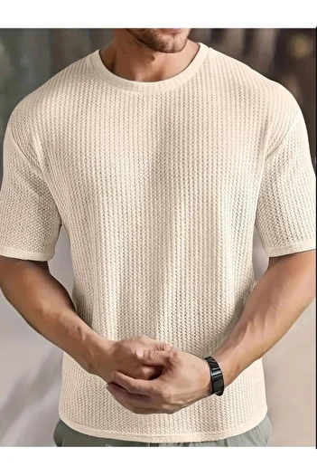herkesemoda Ανδρικό μπλουζάκι Robert Waffle Fabric Crew με κοντό μανίκι μπεζ