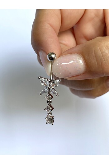 kurukafagift Çelik Göbek Piercing Kelebek Zirkon Taşlı Sallantılı Üç Sıralı