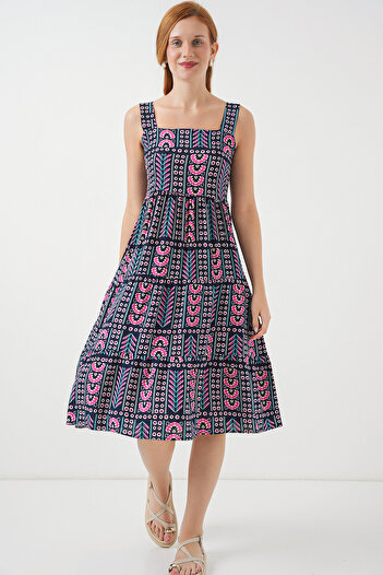 Bigdart Women's Patterned Strap Midi Dress 2577 - Navy Blue