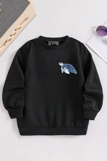 VBSVİBES Copii Negru Crew Neck TURTLE MINIMAL Imprimat, Țesătură Grosă de Iarnă