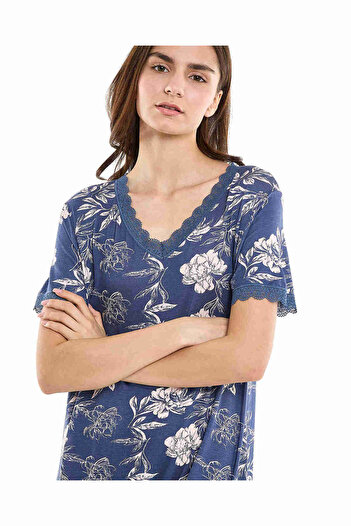 R&B Patterned Nightdress with V-Neck and Short Sleeves
