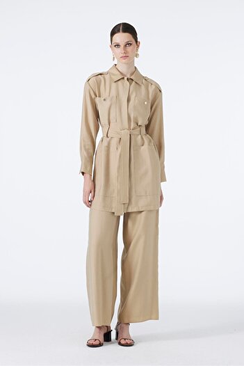 Zühre Beige Combination Suit with Belted Pocket Detail Tk-1260