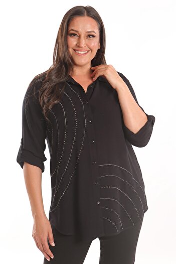 Metpoint Trend42Plus Large Size Stone Print Detailed Woven Black Shirt