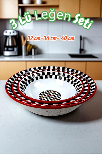İnci Emaye 32 Cm-36 Cm-40 cm 3-Piece Enamel Basin Whisk and Mixing Bowl, Dough Basin, Fruit Bowl, Dowry, Gift,