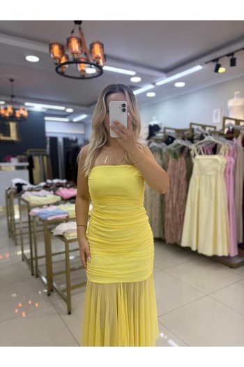 LİSAA BUTİK Yellow Strapless Asymmetric Tulle Dress