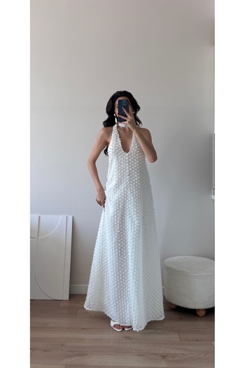 LOCH BUTİK Women's White Pompom Collar Shawl Midi Dress