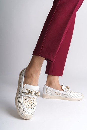 Joy Ayakkabı Layla Laceless Orthopedic Comfortable Sole Flower Patterned Women's Ballerina Shoes Ckt - White