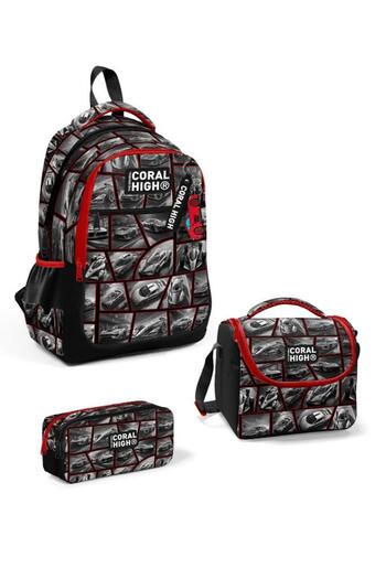 Coral High Goshopya Black Red Car Patterned 3-Piece School Bag Set Goset0114429