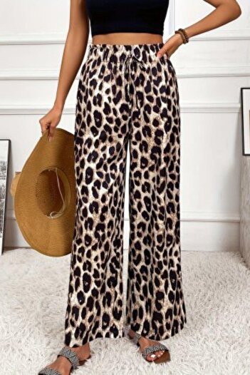 Mossta Leopard Patterned High Waist Wide Leg Trousers - Leopard