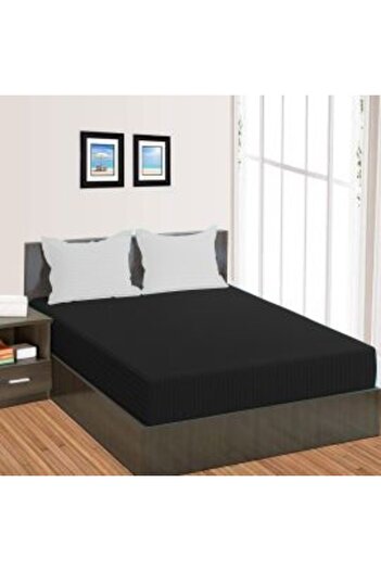 HomePuls Fitted Bed Sheet Damask Polycotton Stripe 1 cm, 210 x 250 cm for Mattress 160 x 200 cm, Black